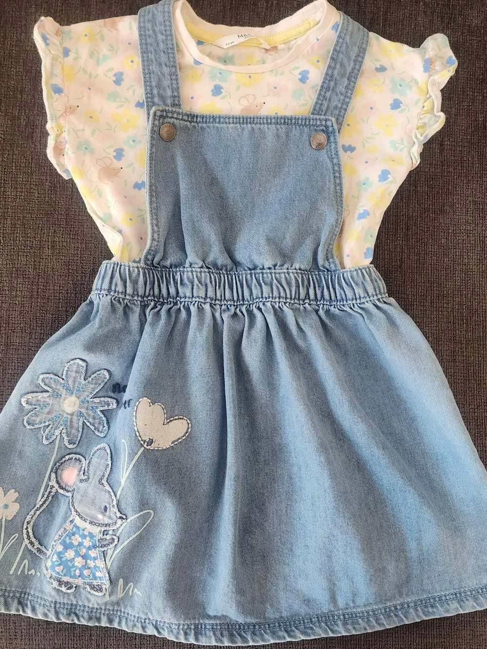 M&S Mouse Flower Nature Lover Denim Overall Dress & T-Shirt, Cottage Girls 2-3 Y
